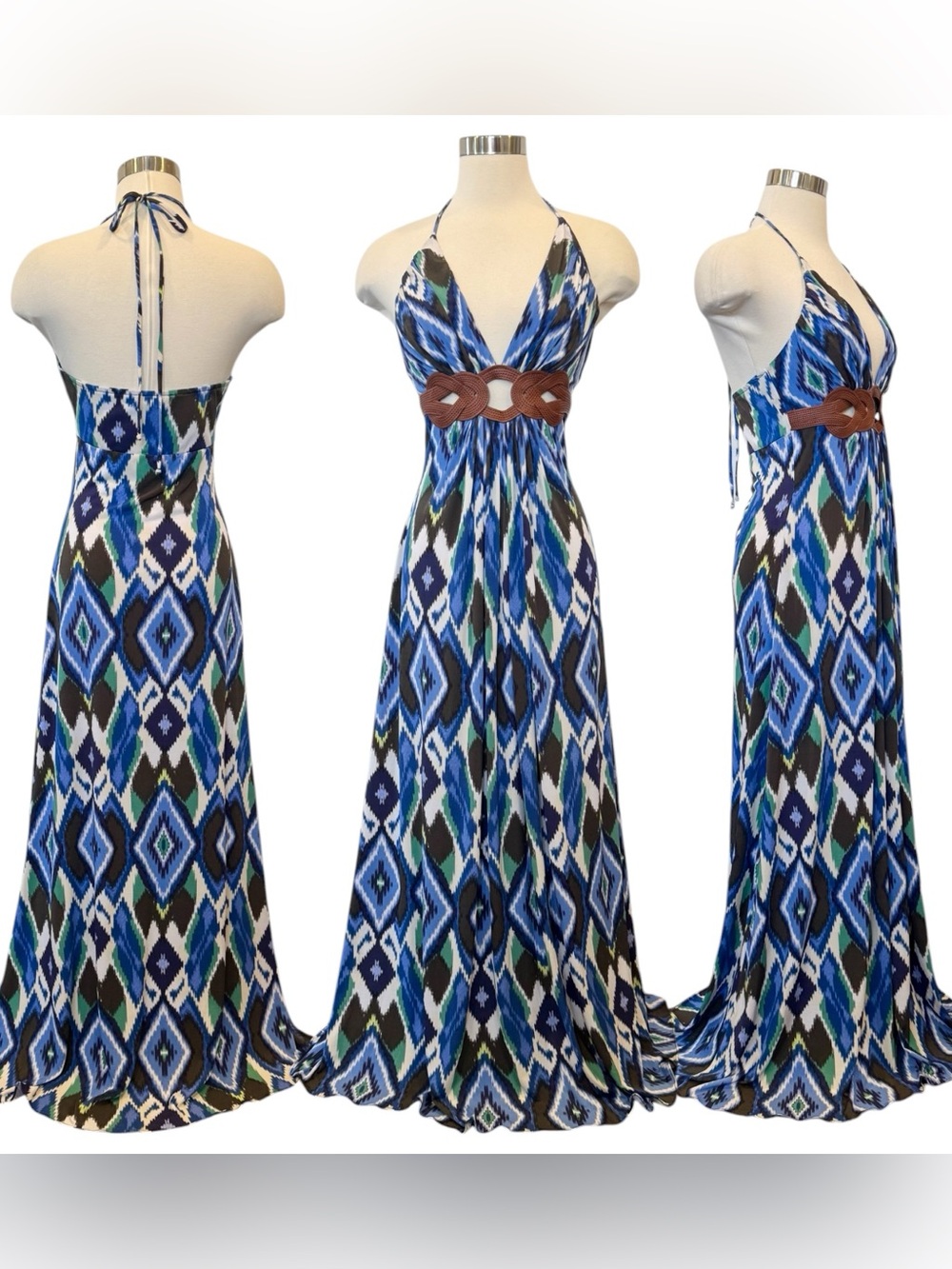 SKY IKAT Blue Brown Leather Braid Belt Keyhole Halter Maxi Gown Slip Dress NWOT - Picture 11 of 11